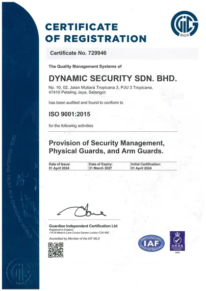ISO 9001:2015 certificate of registration for Dynamic Security Sdn Bhd