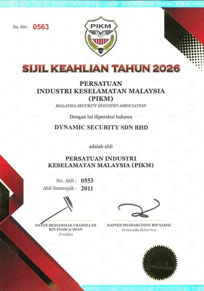 Persatuan Industri Keselamatan Malaysia membership certificate for 2026