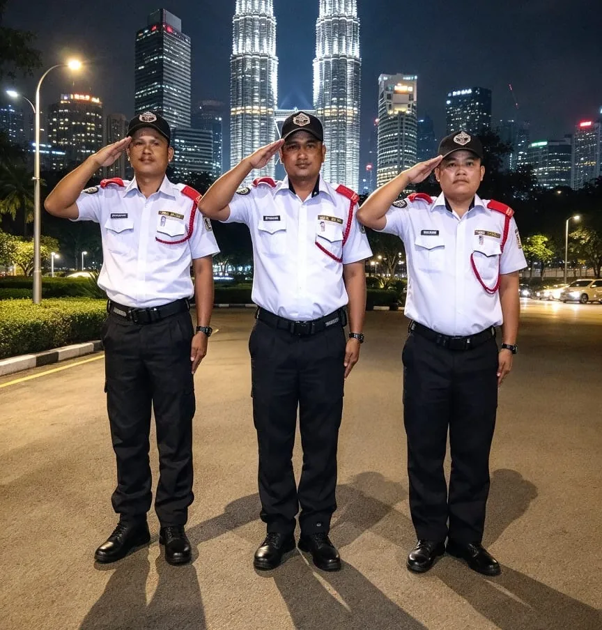 Three guards in white uniforms saluting at night, with the Petronas Twin Towers behind them