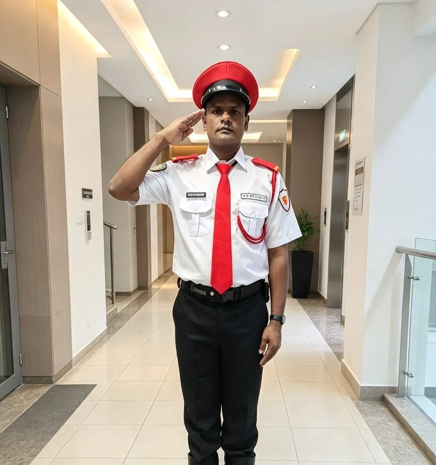 A guard in white uniform, red tie and red peaked cap saluting in a building corridor