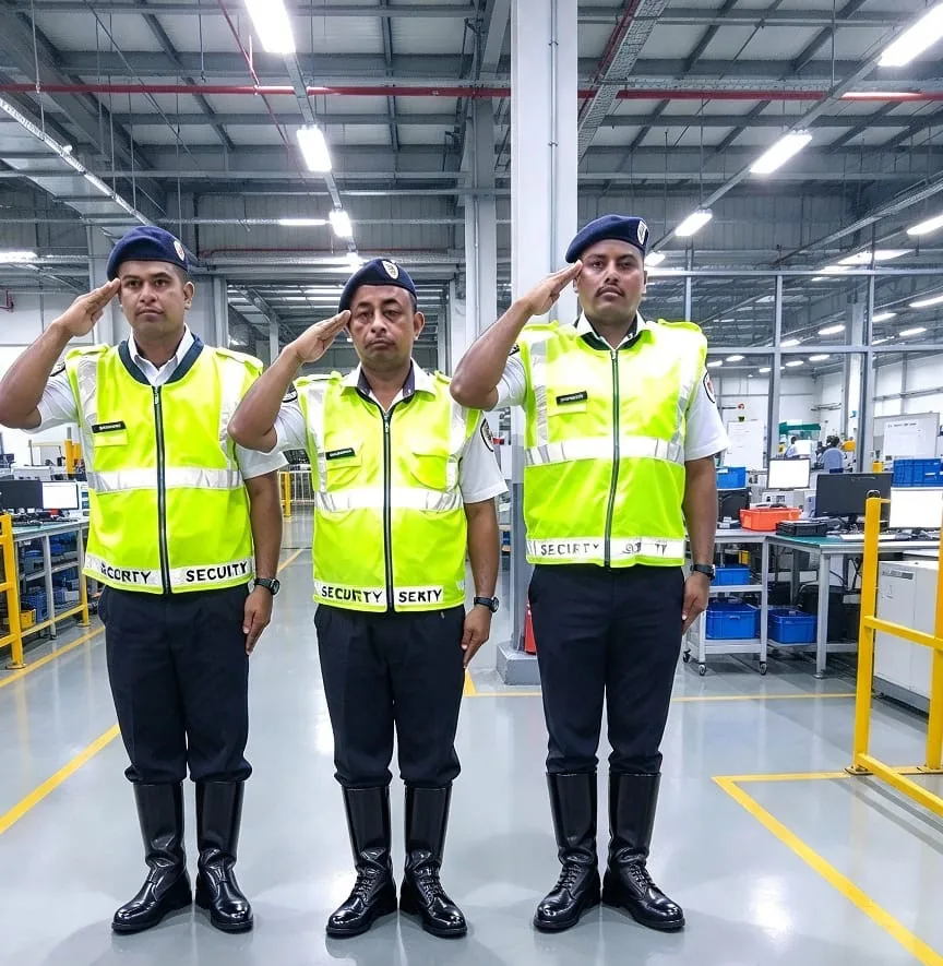Three guards in hi-visibility vests and boots saluting on a factory floor